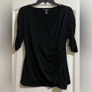 Style & Co. Women’s Black Ruched Tunic V-Neck 3/4 Sleeves Blouse PETITE Medium